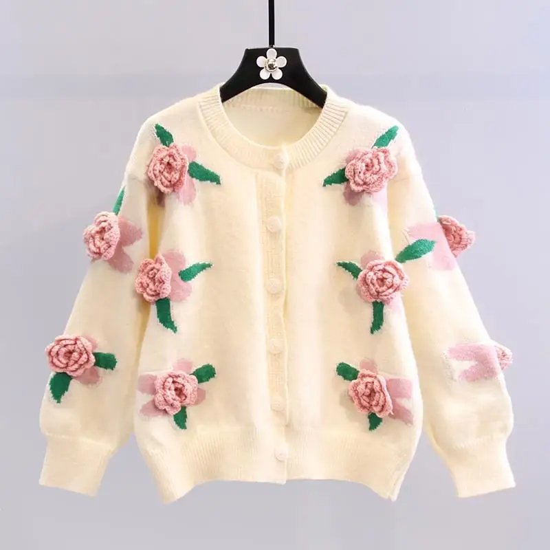 

3D Flower Knitted Cardigan Sweater Outerwear for Women Loose Fit Embroidered Mid-Thi Spring Season Plant Floral Pattern
