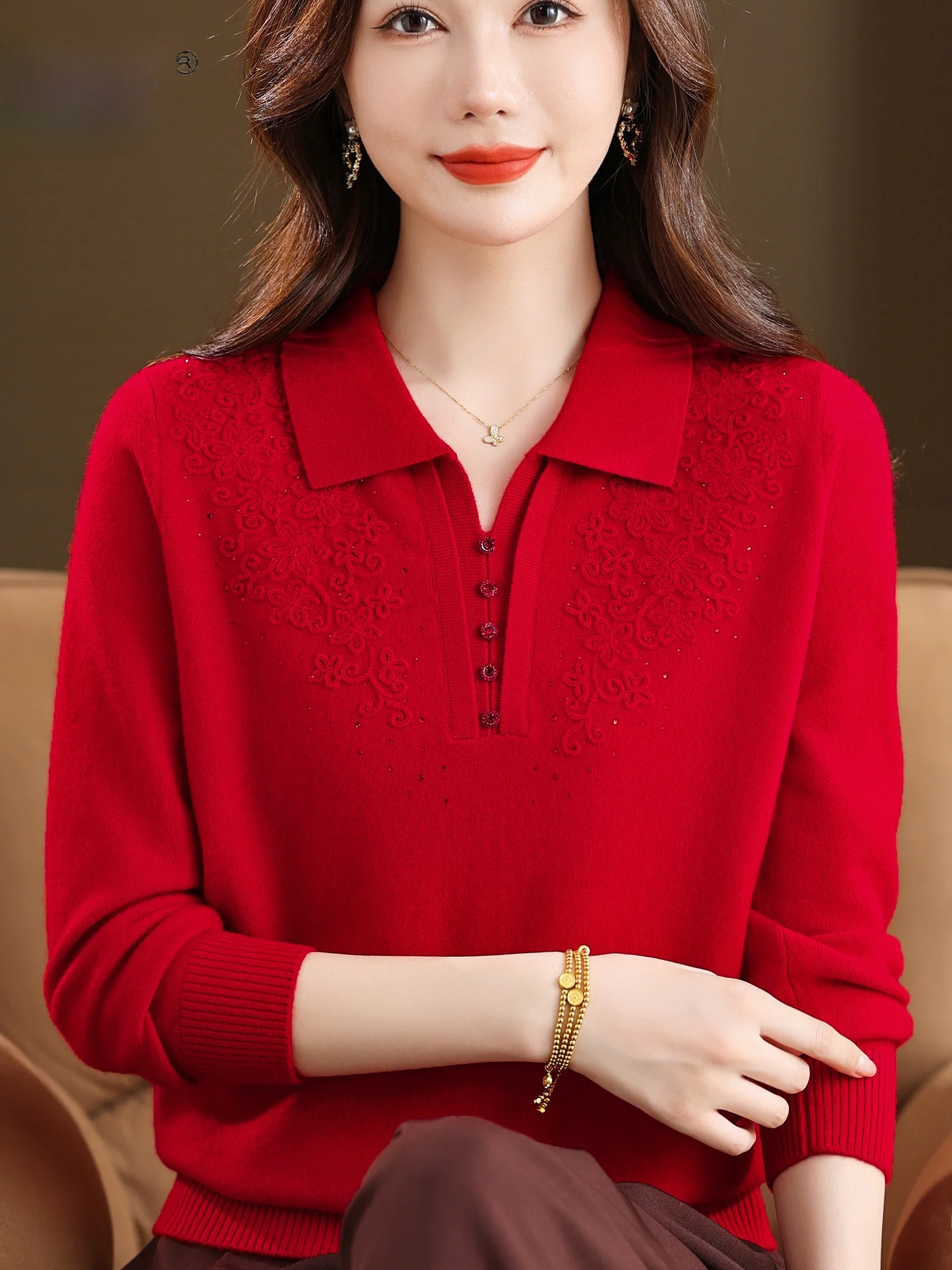 

Осенне-зимняя шерстяная вязаная кофта для беременных с отложным воротником, вышивкой, однотонная, модная, базовая одежда