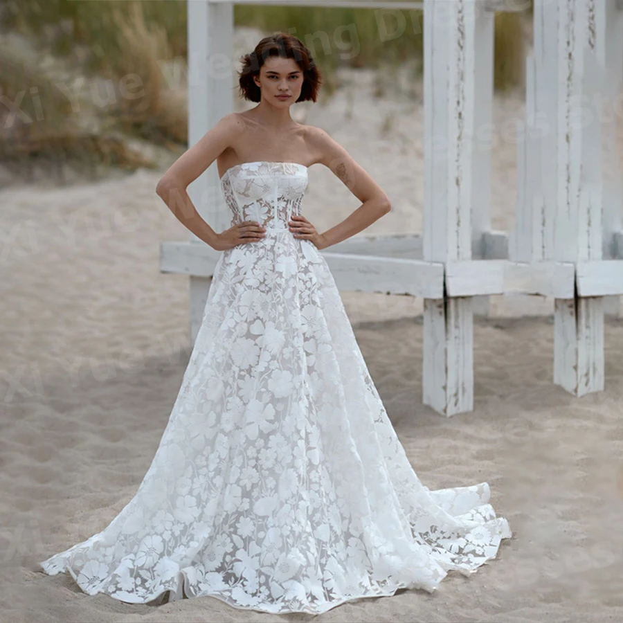 فساتين زفاف أنيقة على شكل حرف A للنساء بدون حمالات من الدانتيل فساتين زفاف فيستدو دي نوفيا بدون أكمام بدون ظهر فساتين العروس مخصصة رداء دي ماري