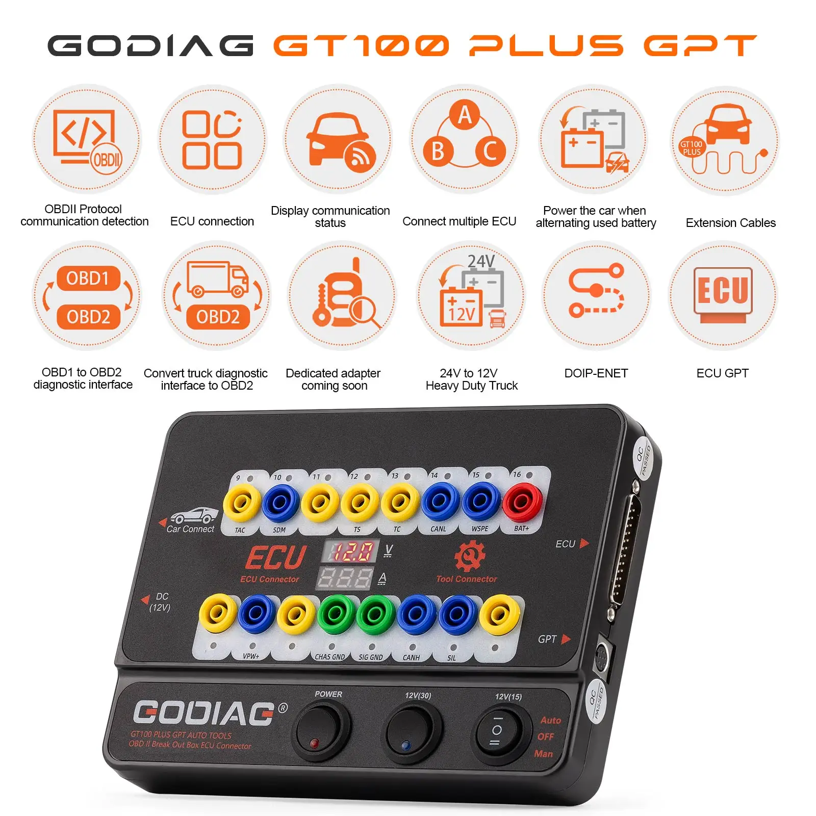 GODIAG GT100 PLUS GPT ENET DOIP 24V-12V AUTO TOOLS OBD II Break Out Box ECU Connector Car Diagnostic Tool
