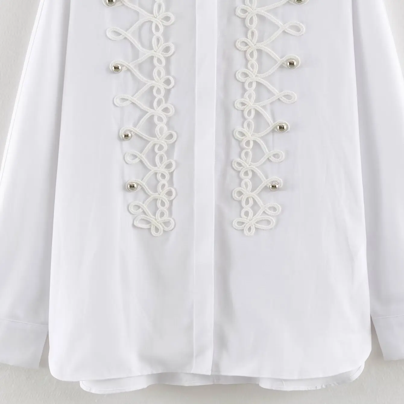 KASLEAD New Women's Loose Pure Color Shirt Napoleon Style Button Decorated Weave Belt European Style Long Sleeve Polyester Fiber