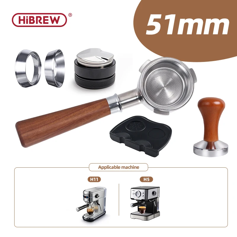 HiBREW 51mm Bottomless Coffee powder handle 304 stainless steel and solid wood