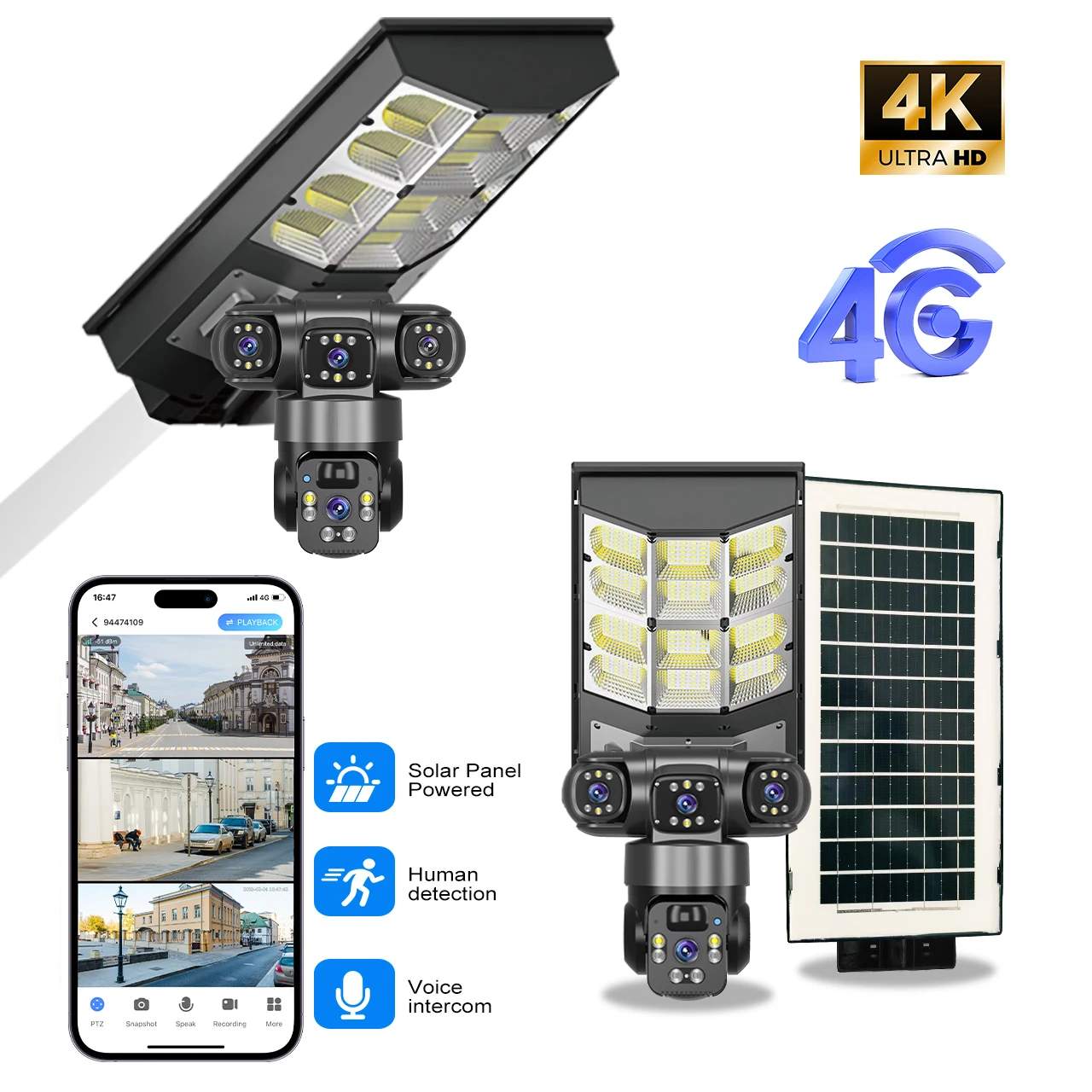 كاميرا Regis V380 Pro Solar Street Light CCTV 4G IP 12MP خارجية متعددة العدسات 3 شاشات PTZ ميكروفون مدمج للرؤية الليلية #2