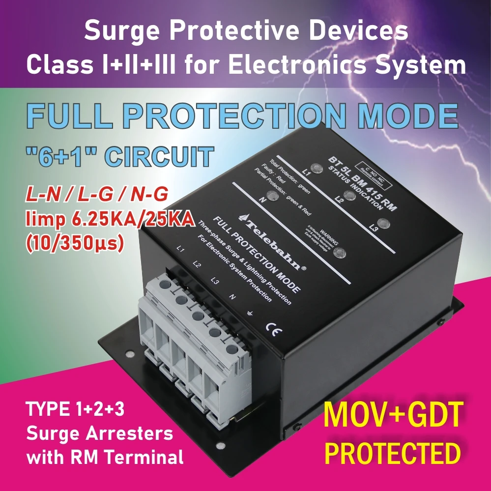 240V/415V 280kA 40kA*7lines Type 1+ Type 2 + Type 3 Telebahn 3 Phase Full AC SPD Surge Protection Surge Surppessor