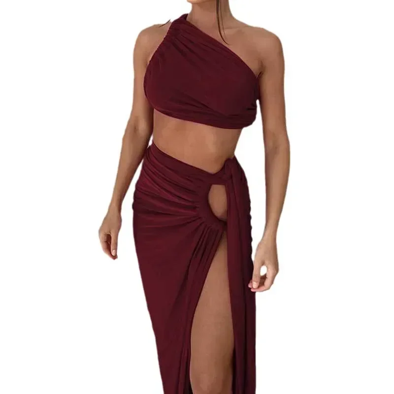 Design 2024 Spring Summer New Arrivals Women's Solid Color Sexy Sleeveless One-Shoulder Vest Split Long Skirt Suit