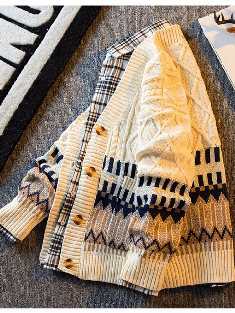 Men's Japanese Vintage Argyle Paneled Sweater Knit Cardigan Ethnic style Oversized V-Neck Edgy Streetwear Loose Knitted Coat view 5