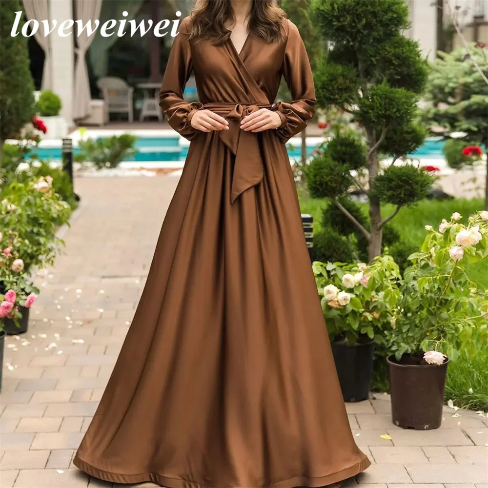 

Brown A Line Evening Dresses V Neck Prom Dresses Long Sleeves Evening Gown Muslim Woman Dress Moroccan Caftan Robes De Soirée