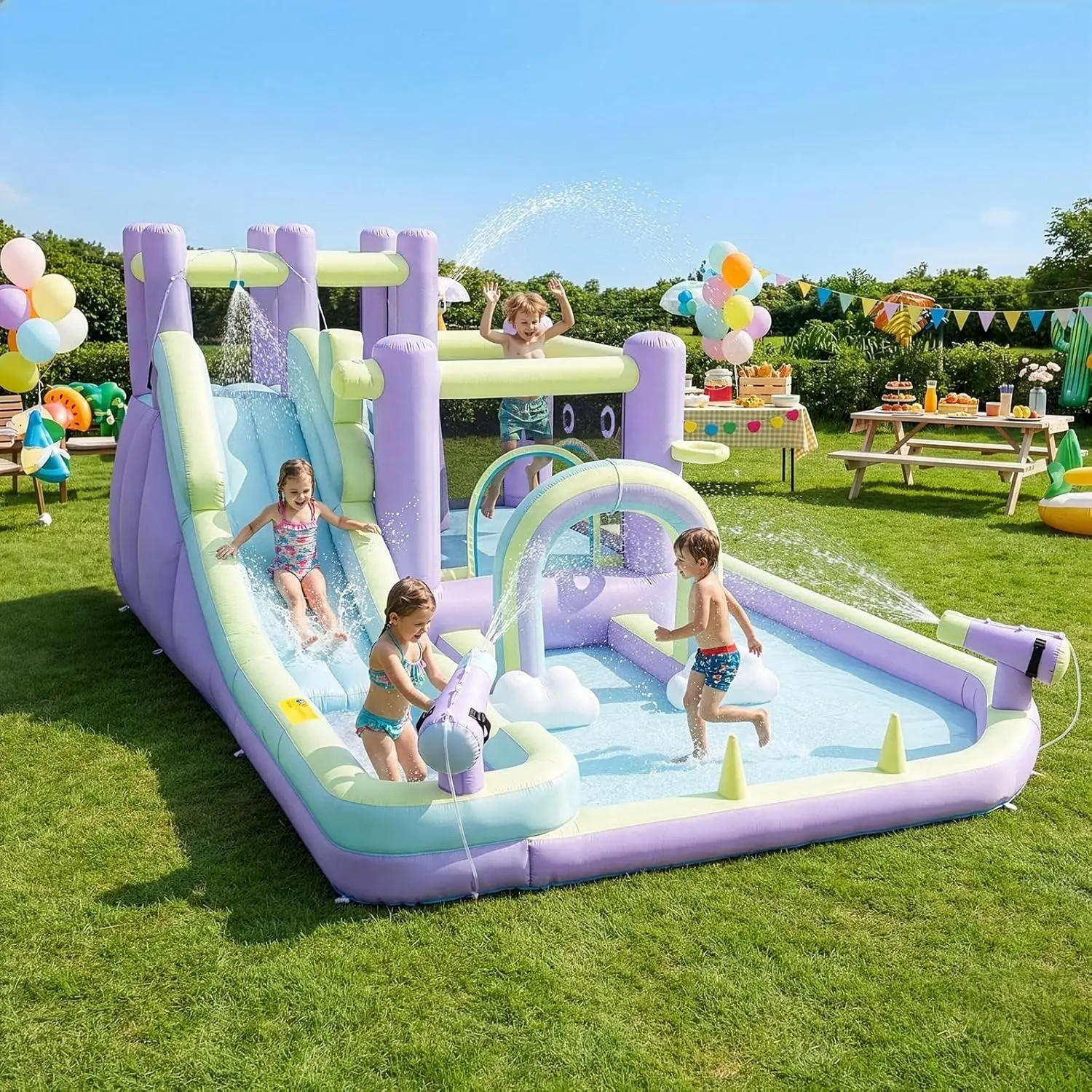 Inflatable Bounce House with Rainbow Arch and Extra Long Water Slide | Outdoor Bouncy Castle, Included 750W Blower, Splash Pool, view 3