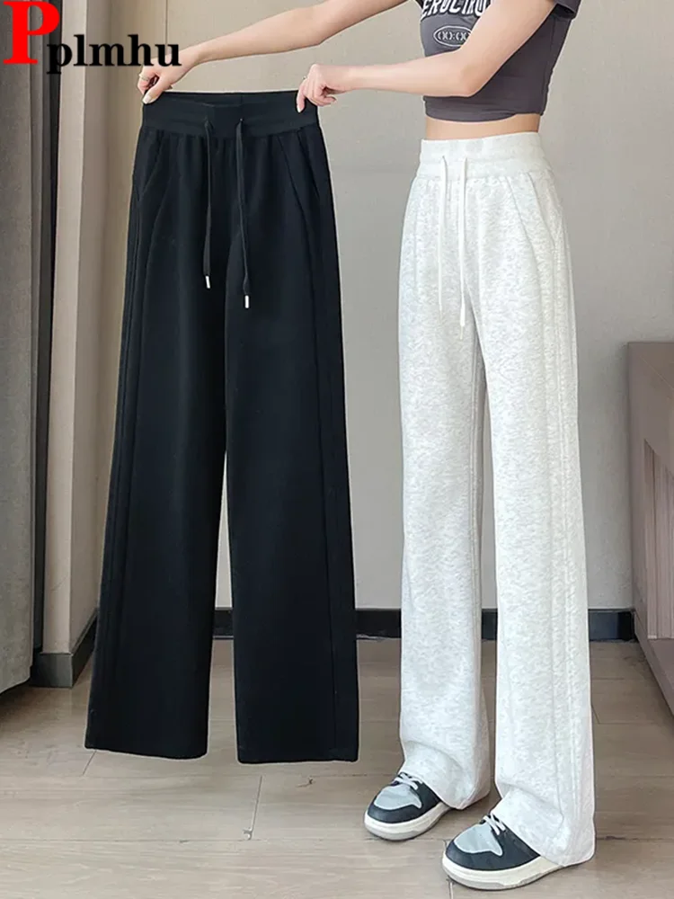 

Women Loose Wide Leg Sweatpants Korean Fashion Elastic High Waist Baggy Straight Pantalones Classic Solid Casual Calcas Feminina