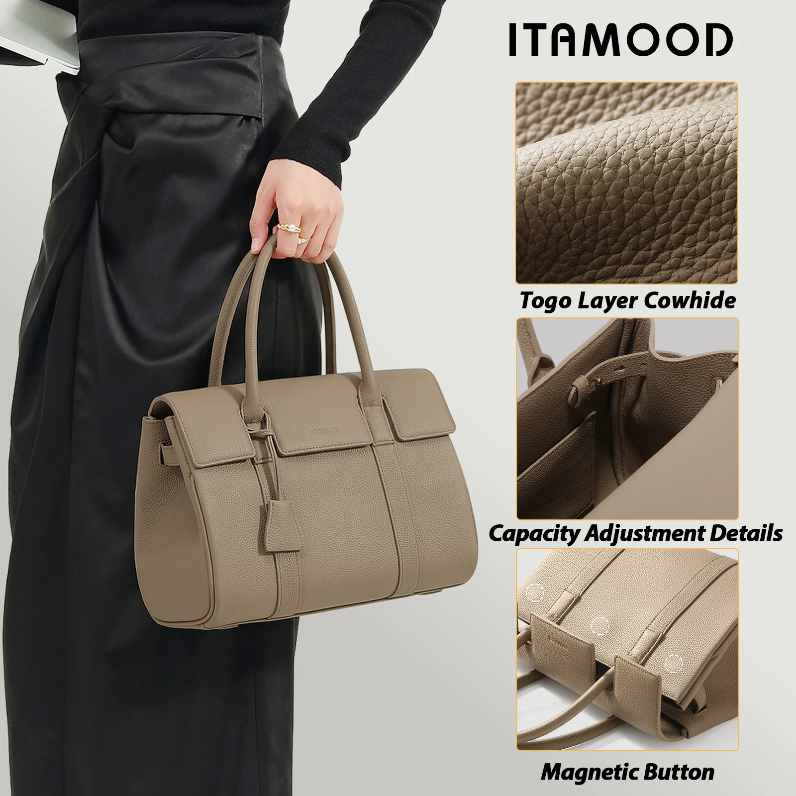 

ITAMOOD Women Handbag New High-end Cowhide Tote Bag Leather White-collar Togo Top Layer Large Capacity Handbag for Cosmetic