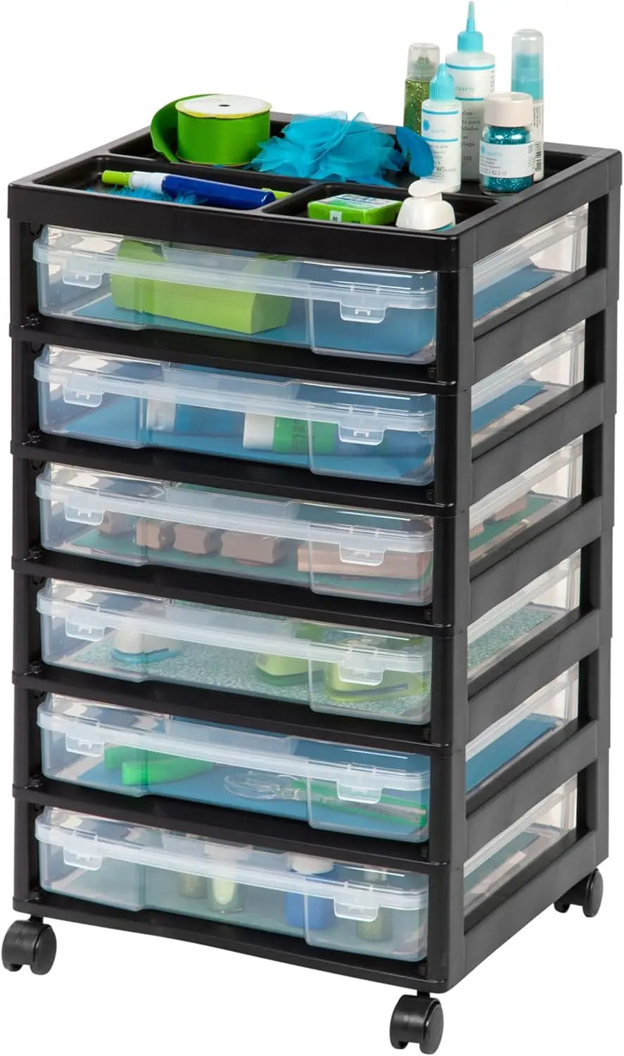 

6-Tier Rolling Storage Cart with 6 Clear Cases for Scrapbook Paper, Stationery, Craft Supplies - Black/Clear