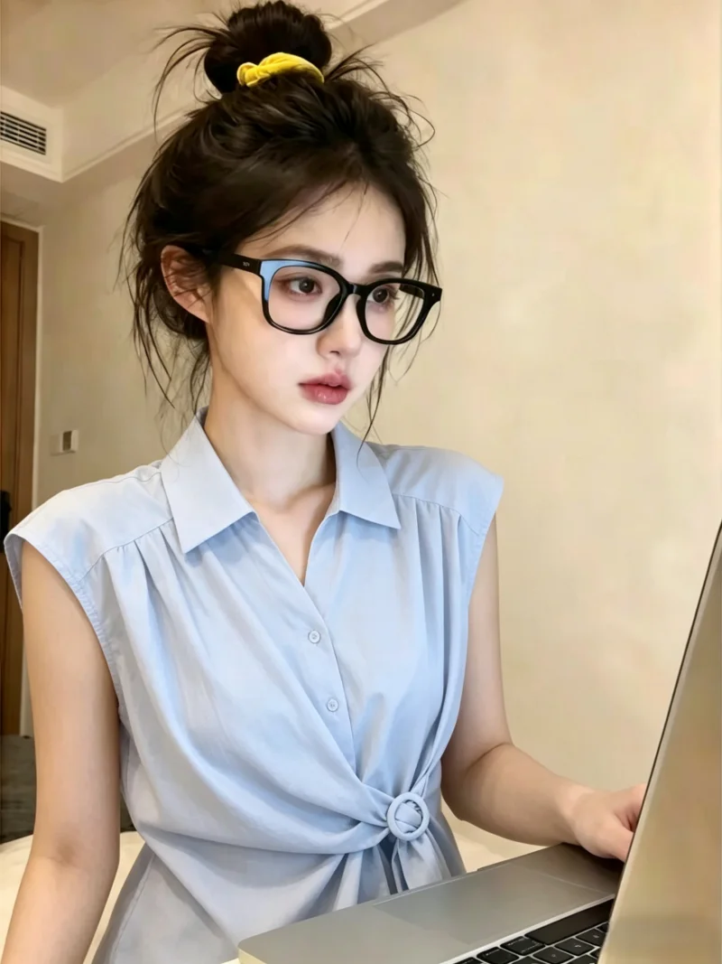 

Korean Style Self-Purchase Recommendation Women's Shirt Summer Slimming Top Flounce Sleeve Bow Tie Straight Cut Silk Blouse