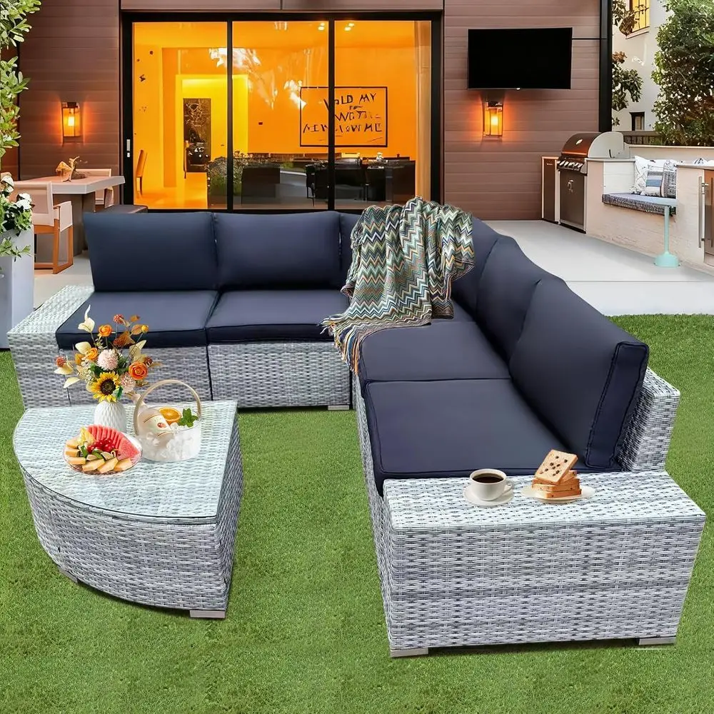 

Gray & Black All-Weather PE Rattan Outdoor Patio Sectional Set with Glass Top Coffee Table