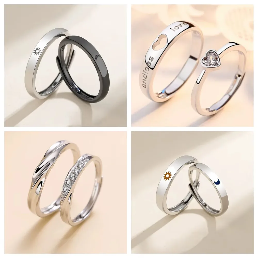 

New Simple Couple Rings Silver Color Sun Moon Adjustable Open Ring For Women Men Wedding Fashion Jewelry Gifts