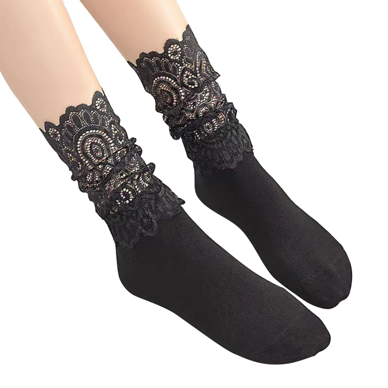 1 Pair Sexy Lace Floral Mesh Socks Women Black Hollow Short Cotton Sock for Lady