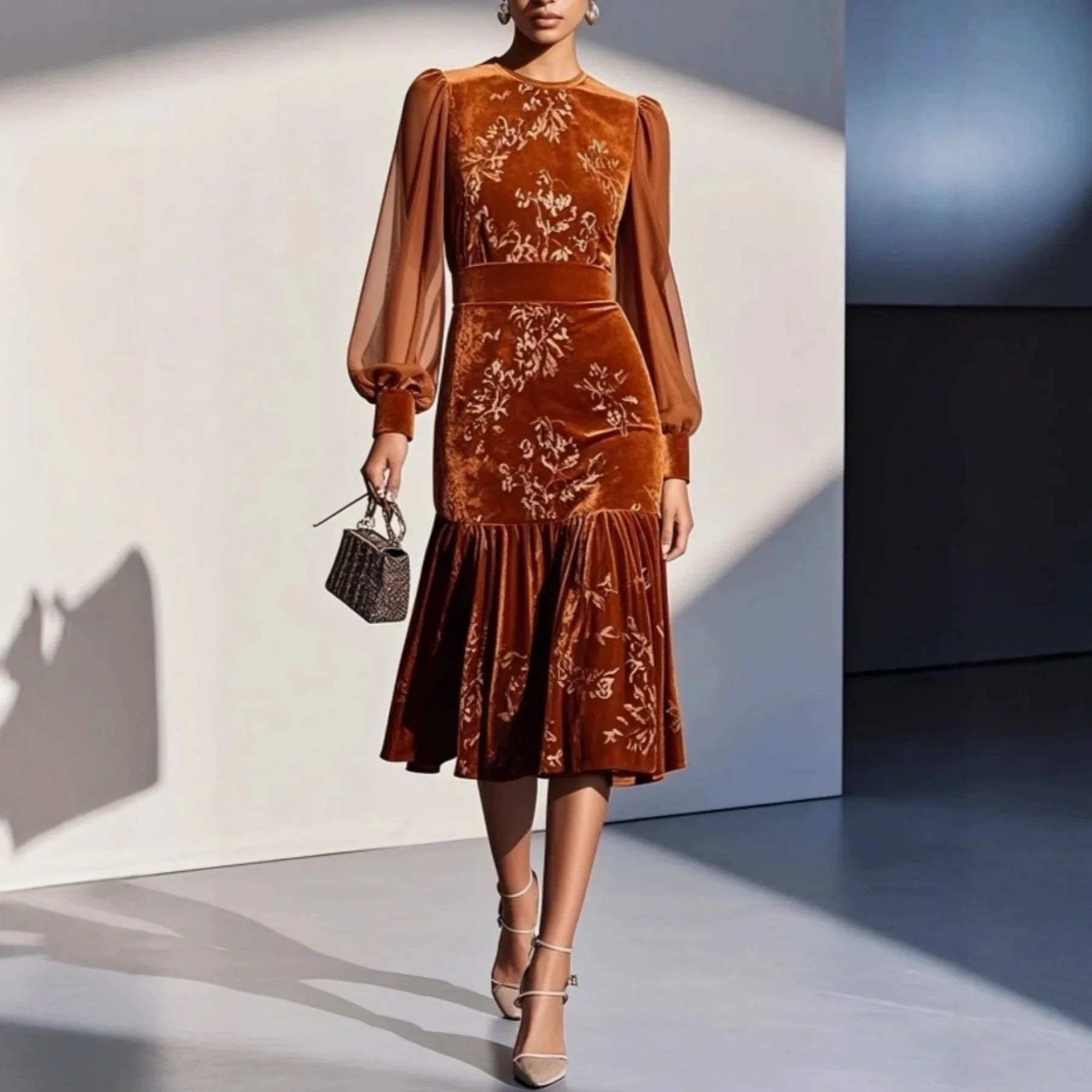 Women's Autumn. And Winter Caramel-colored Velvet Clothes With A Circular Neckline, Lantern Sleeves, Long Mesh Sleeves, A Fixed