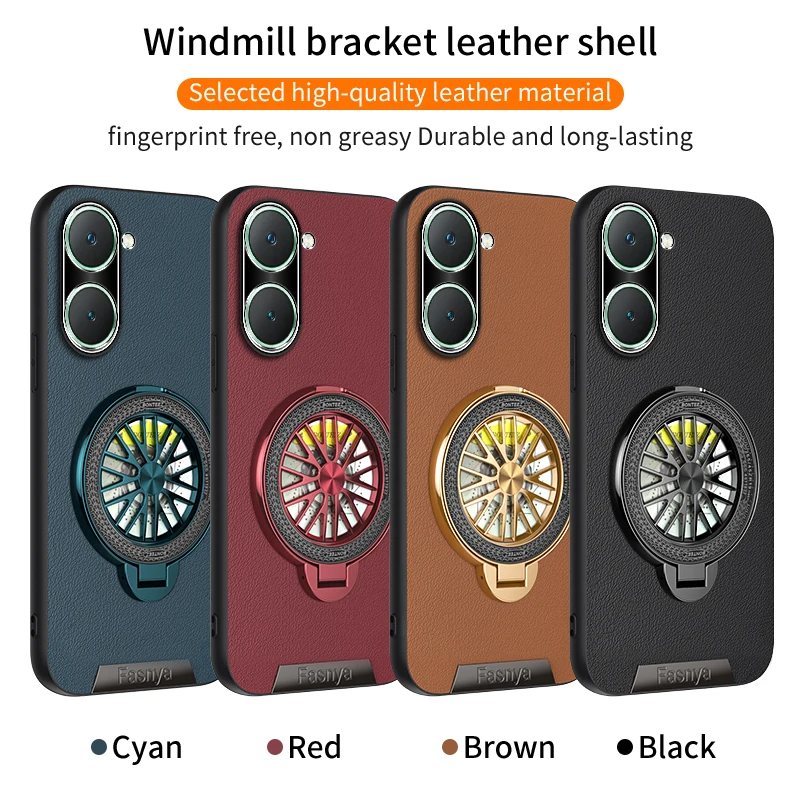 

Metal Leather Texture Phone Case for Vivo Y03 Y03T Y16 Y17S Y18 Y18E Y18i Y18T Shockproof Matte with Rotating Holder Back Cover