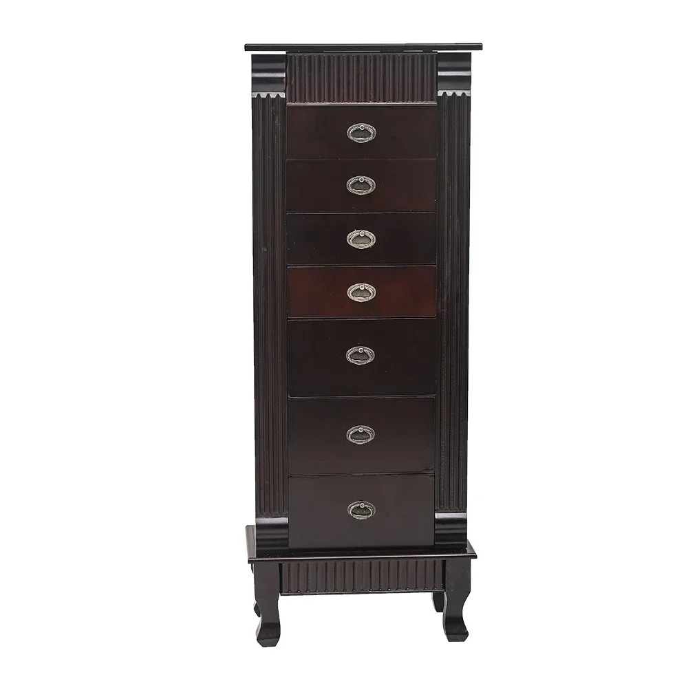 Wooden floor standing jewelry mirror cabinet with 8 layers and 7 drawers, featuring detachable double door feet - dark brown