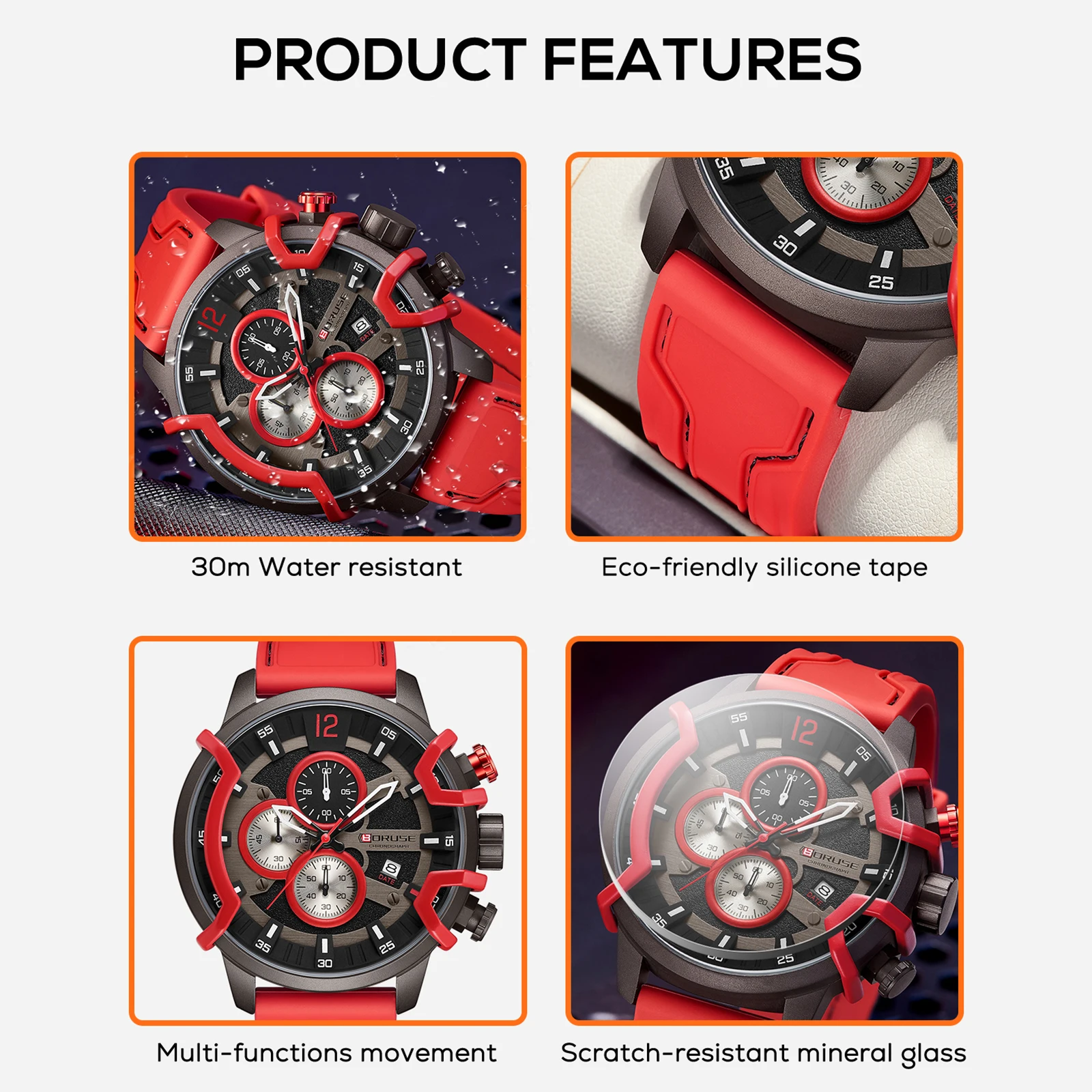 BORUSE Men\'s Red Chronograph Watch Luxury Business Quartz Wristwatch Silicone Strap Calendar Waterproof Watch Relogio Masculino