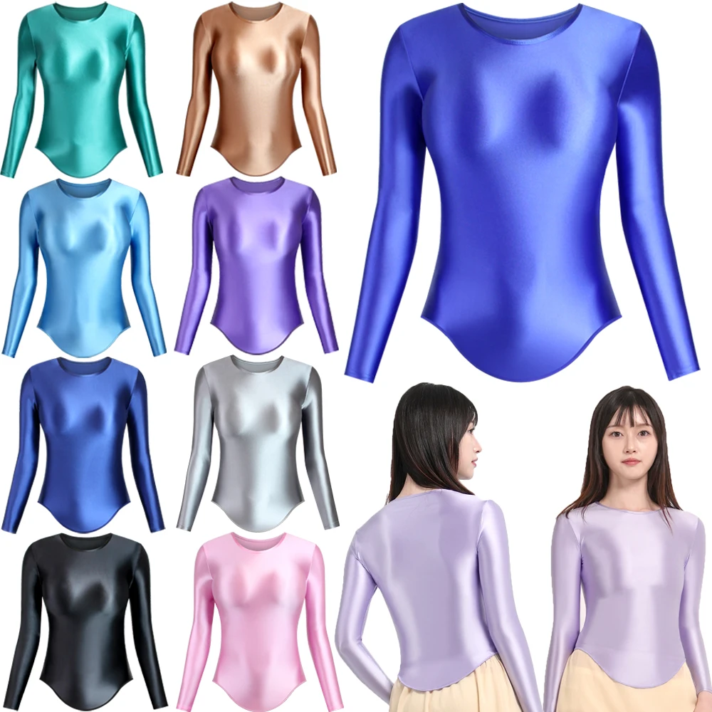 

MJINM Women Summer Sexy Tights Shiny Glossy Shirts Long Sleeve Casual Oil Stretch Sports Yoga Cropped Bottom Tops Solid T-shirts