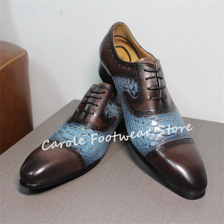 ファッション混合色ヘビ革パターンプリントローファー男性用手作り本革レースアップオックスフォード男性ビジネスドレスシューズ