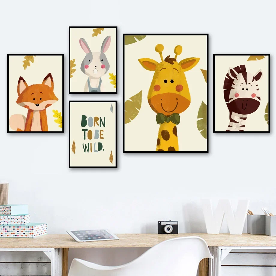 Cartoon Giraffe Zebra Lion Rabbit Fox Wall Art Canvas Painting Posters Nursery And Prints Wall Picture Baby Kids Room Home Decor