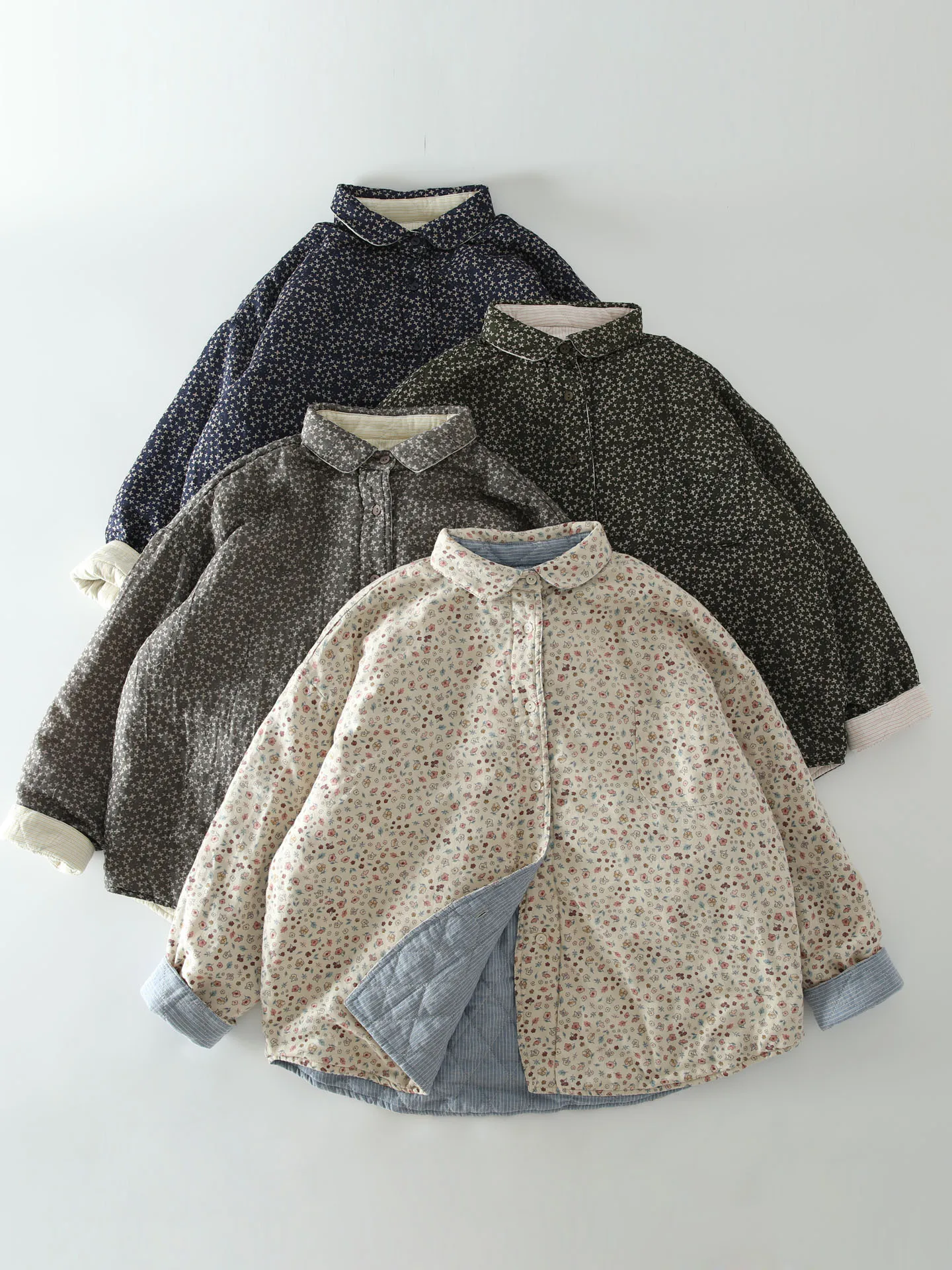 

Double-Sided Wear Cotton Jaet Women's Loose Fit Artistic Collar Warm Cotton Coat Floral Print Versatile Casual Outerwear