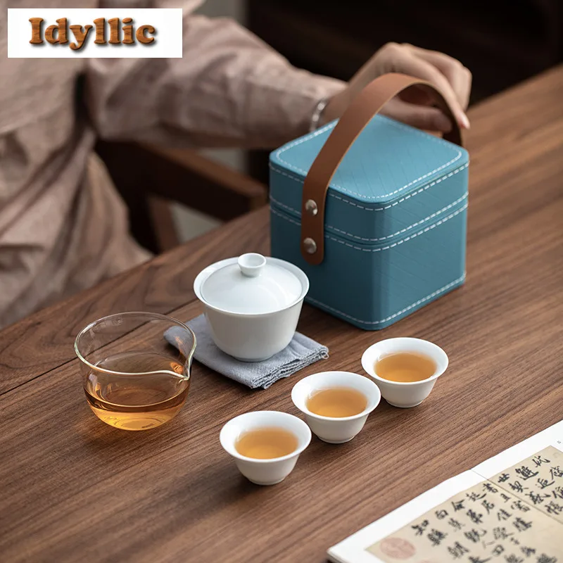 

Туманный синий дорожный чайный сервиз, винтажный чайный сервиз, полный набор, 1 горшок, 3 чашки, органайзер для приготовления чая, портативная уличная сумка, чайная посуда