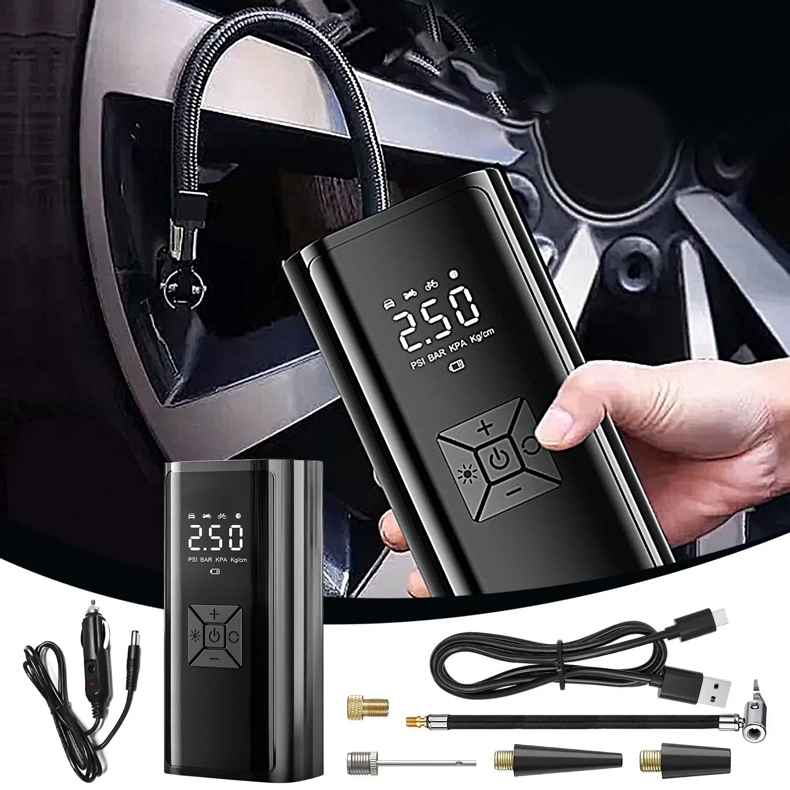 

Portable Automotive Air Pump Portable Air Compressor Cordless Tire Inflator with LED Display for Car Travel Motorcycle Home RV