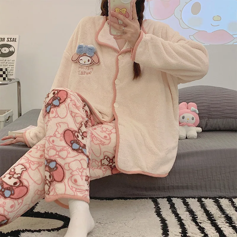 

Пижама Sanrios My Melody Kawaii Kuromi Cinnamoroll аниме мультфильм осень зима коралловый флис теплая Женская домашняя одежда ночная рубашка костюм