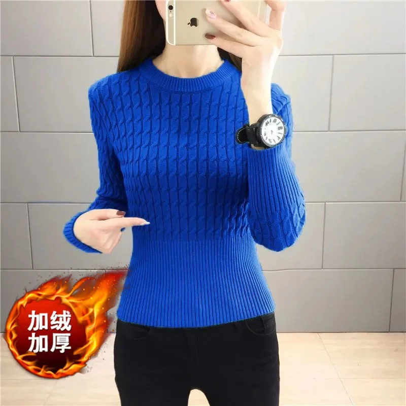 

Add Velvet/No Velvet Pullover Coat Women's New Sweater Autumn Winter 2024 Waist Bottom Knitwear Lady Slim Undershirts Female Top