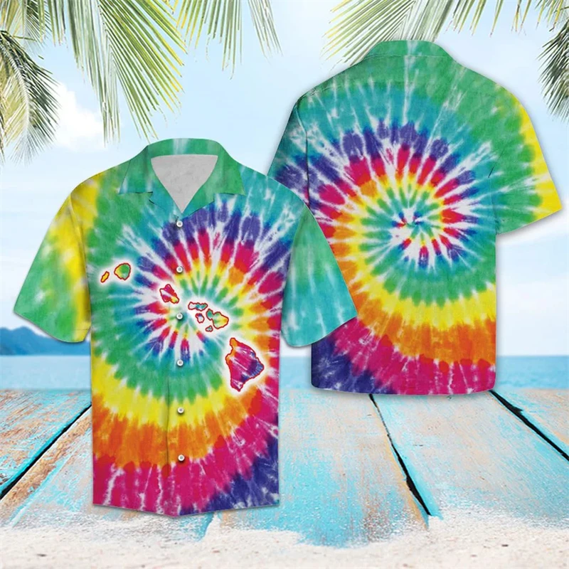 

Fashion Tie Dye Pattern Hawaiian Shirts Summer Trendy Streetwear 3D Printed Lapel Button Shirt Loose Breathable Harajuku Blouse