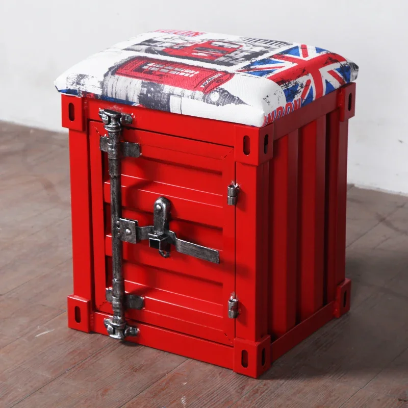 Industrial Container Shoe Stool Iron Storage Ottoman Creative Square Seat with Hidden Compartment Multi-Functional Hallway Bench