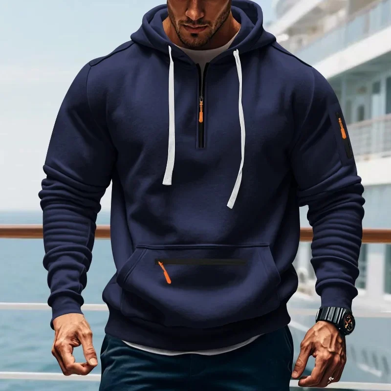 Fashion men\'s brand spring Autumn solid color sports hoodie retro Harajuku multi-pocket zipper casual loose long-sleeved pullove