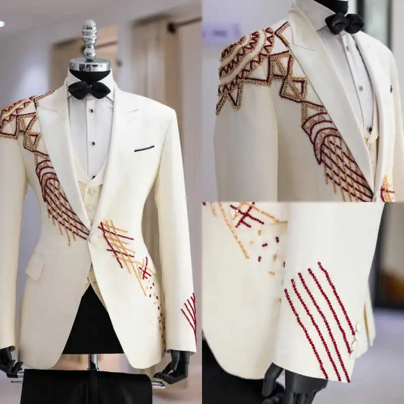 

Fashion Men's Suit 3 Pieces Jacket Pants Vest Peaked Lapel Colorful Beaded Crystal Wedding Groom Tuxedo Banquet Customized