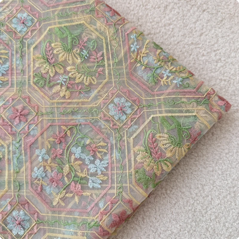 

Retro floral embroidery gauze polyester fabric for women's dress, sun-protective clothing, Chinese-style vest, clothing fabric