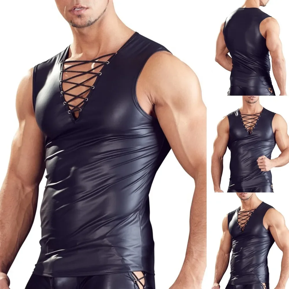 

Men Faux Leather Tank Tops Sexy V-neck Lace-up Vest Male Gym Sleeveless Top Nightclub Stage Wear Man Summer Undershirts 2025 New