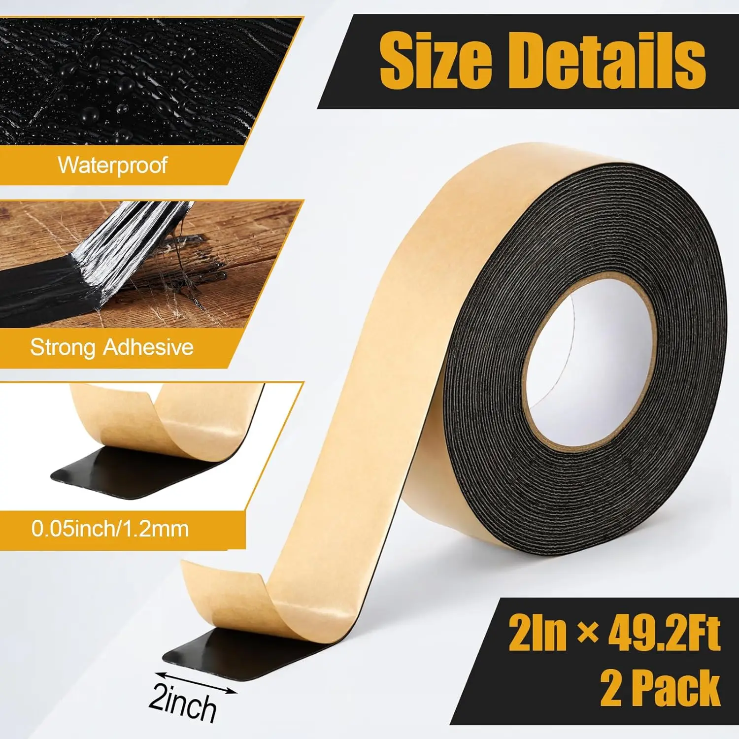 2 Pack 2 Inch X 50 Feet Butyl Sealant Tape Double Sided, Black Butyl Tape Weatherproof Rainproof Vapor Barrier for Concrete