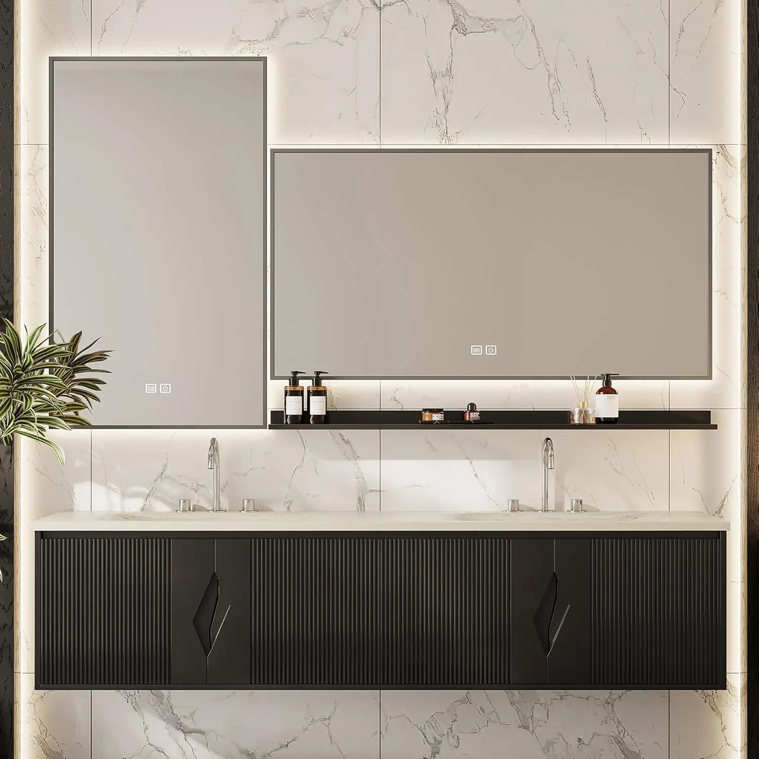 &c Modern Hotel Bathroom Vanity Cabinet  Illuminated Mirror Wall-Mounted Wood Eco-Friendly Easy Clean Double Sinks Ceramic Basin