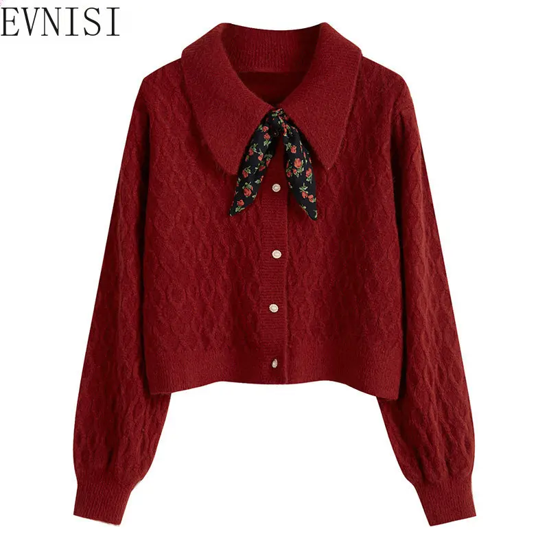 Evnisi-Suéter feminino de malha de botão, nó laço, blusa elegante, cardigans com nervuras, feminino, outono, inverno