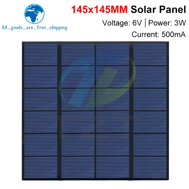 TZT 6V 500mA 3W Solar Panel Polycrystalline 145*145MM Mini Sunpower Solar System DIY for Battery Cell Phone Charger