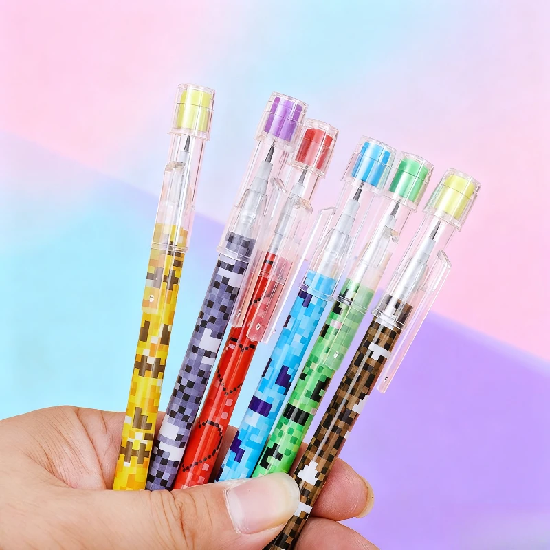 

6pcs Pixel Style Colored Pencils Set, Creative Cartoon Pattern Drawing Pencils, Smooth Writing & Coloring Stationery for Kids