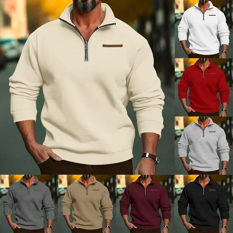 Fashion Trend Large Size Winter Plush Half Zip Stand Up Collar Pullover Solid Color Casual Hoodie for Men