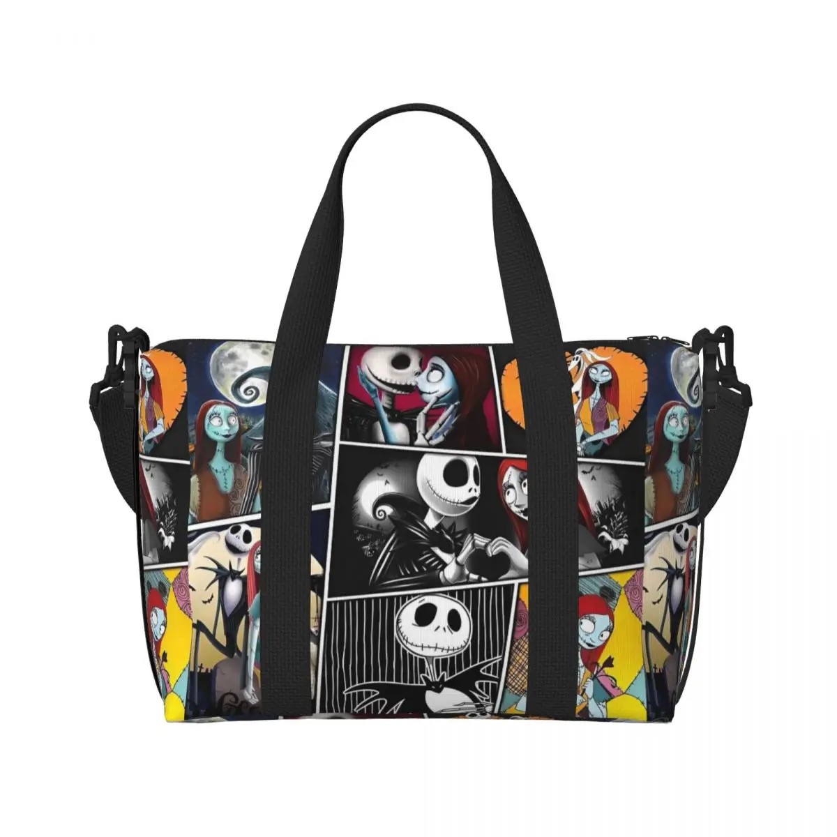 Custom Jack And Sally Collage Beach Tote Bag for  Extra Large Gym Carry On The Nightmare Before Christmas Travel Shopping Bags