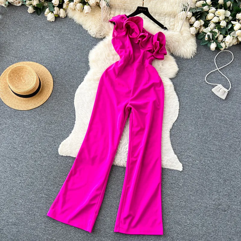 Sexy jumpsuit women's high waisted slim casual fashion one shoulder sleeveless ruffled wide leg pants