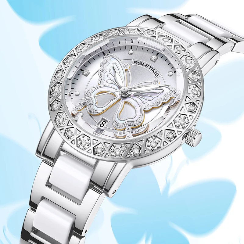 ROMITIME Women Quartz Watch Luxury Butterfly Pattern Rhinestone-Encrusted Bezel Stainless Steel Case 30M Waterproof Watches Lady