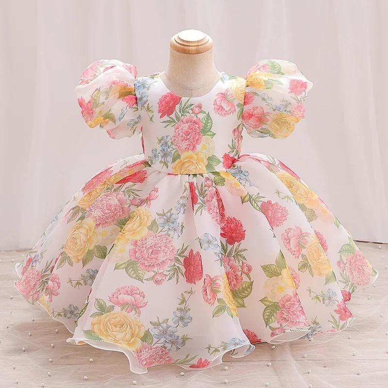 Toddlers flower handle mesh bubble sleeve short Princess dress back V-bow adorn sweet holiday Wind Seaside camping #M139