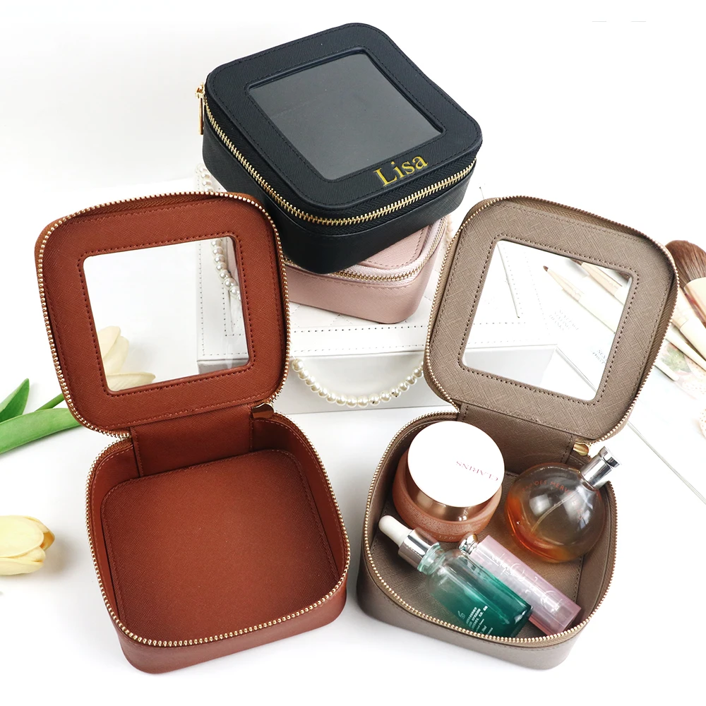 Customized Name New PU Leather PVC Cosmetic Square Toiletry Bag, Transparent and Visible, Portable Storage