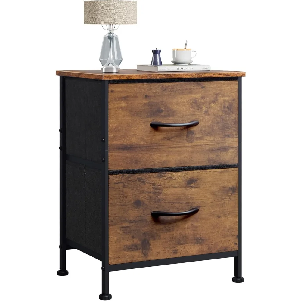 

Rustic Brown Wood-Grain Small 2-Drawer Nightstand with Fabric Bins for Bedroom, Closet, or Dorm