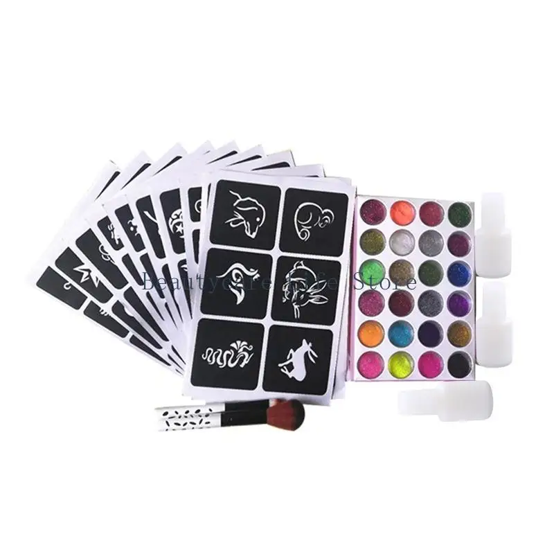 652C New Glitter with 24 Colors Powder 10 Stencils 3 2 Brushes Temporary Tattoos for Kids Teenagers and